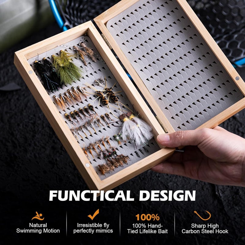 Goture Fly Fishing Flies Kit, 54pcs Dry Wet Flies Streamers Nymphs with Wooden Fly Box, Bass Trout Steelhead Salmon Lures Set Assortment Kit, Gifts for Men - Image 3